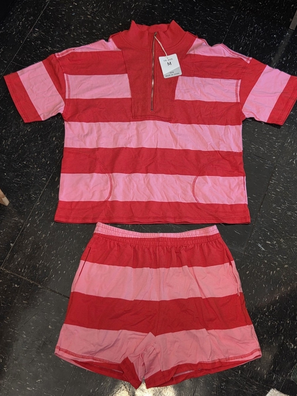 NWT Amazon Pink & Red Striped 2-Piece Quarter-Zip Top & Shorts Set - Size M
